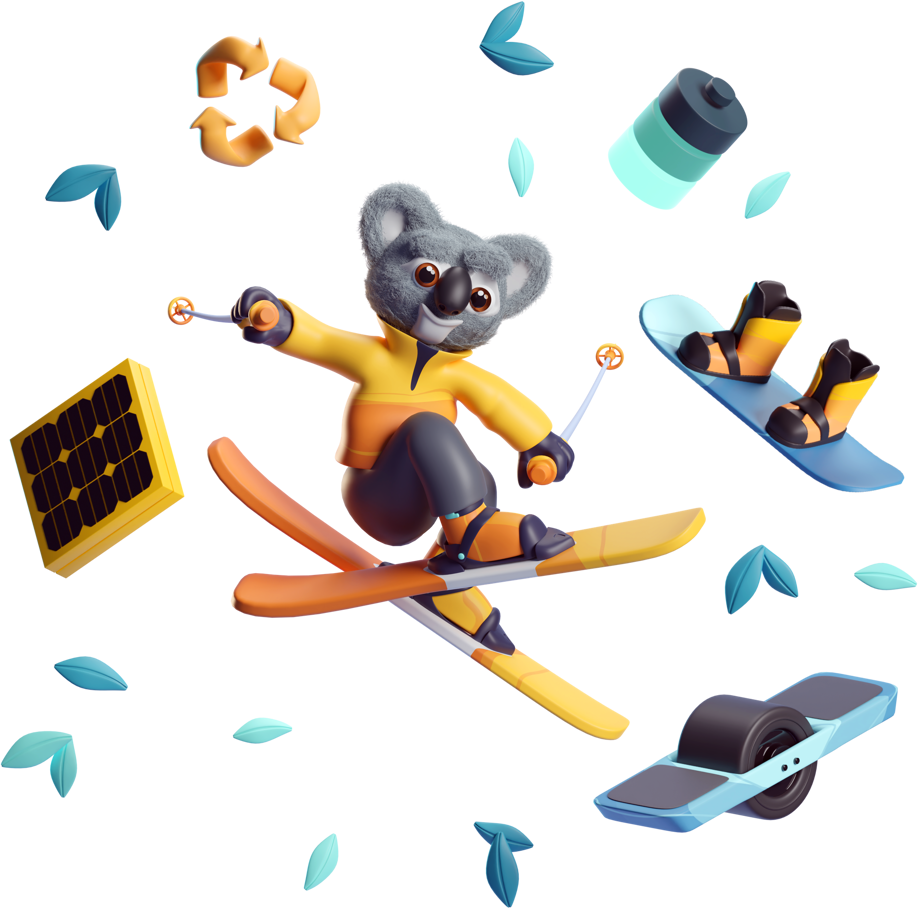 Illustration of Kody the Koala skiing surrounded by green leaves, a battery, two skies, a one-wheel, a solar panel, and a recycle logo.