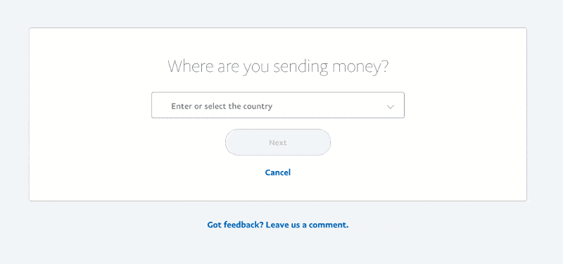 gif of a country selector experience on PayPal