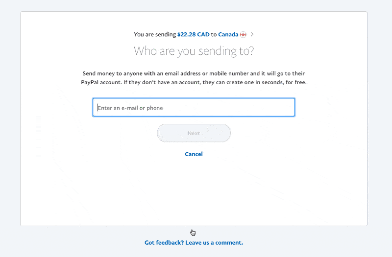 gif of a recipient selector experience on PayPal