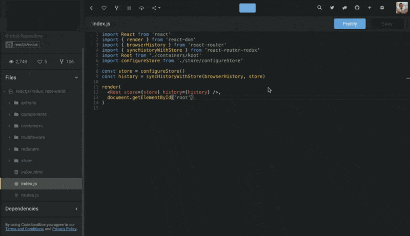 The codesandbox.io file chooser which you press ⌘+P to open
