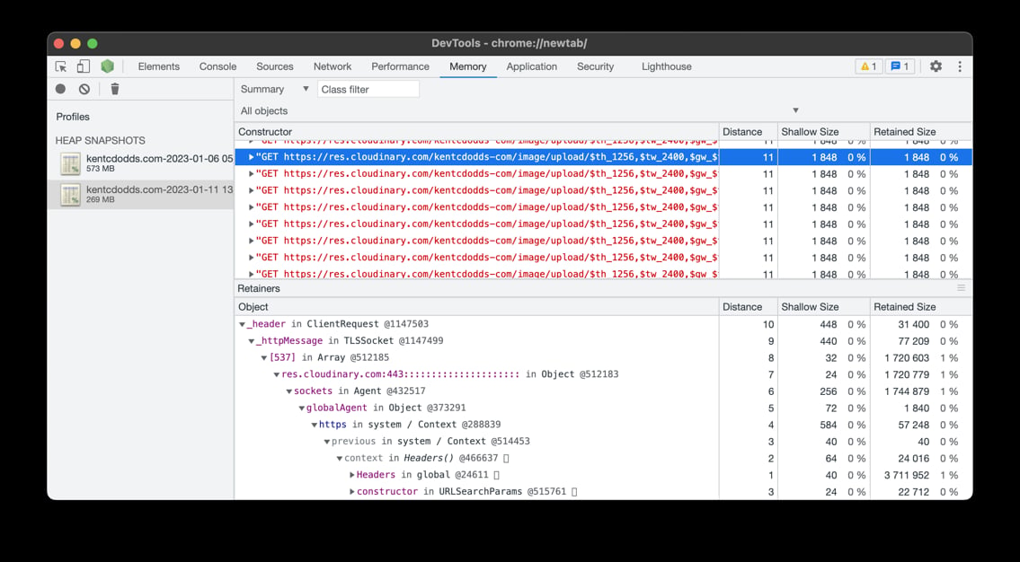 Memory tab of the Chrome DevTools showing a summary of a heap snapshot with a lot of strings related to Cloudinary