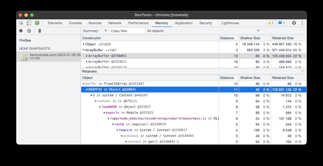 Memory tab of the Chrome DevTools showing a summary of a heap snapshot with an ArrayBuffer constructor selected and an object called HEAPF32 that has a retained size of 125,931,130
