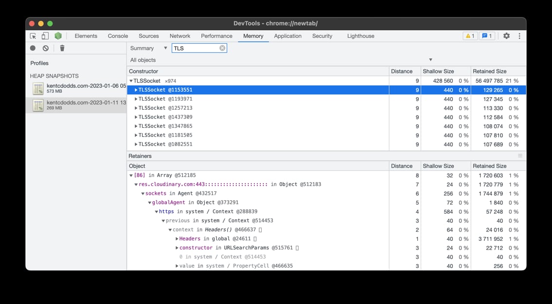 Memory tab of the Chrome DevTools showing a summary of a heap snapshot with a filter on "TLS" showing a lot of TLSSocket objects