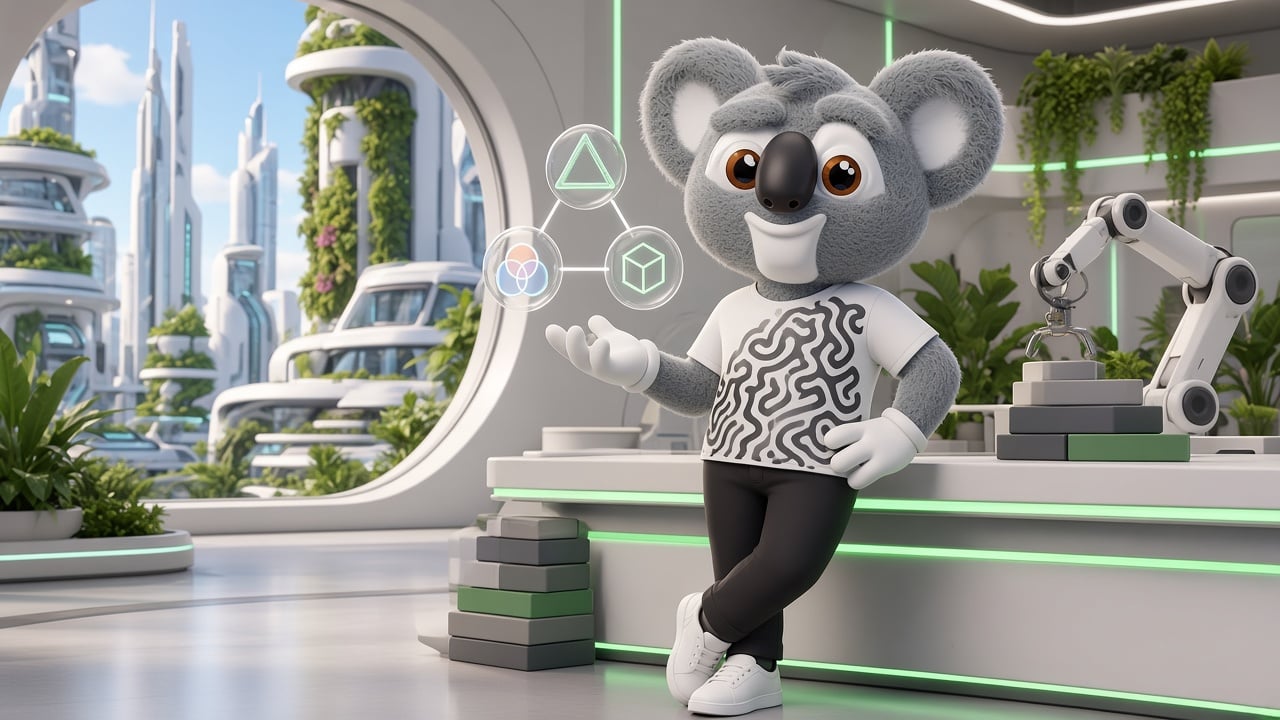 Kody the koala in a bright personal software factory, presenting floating integration icons at a workstation