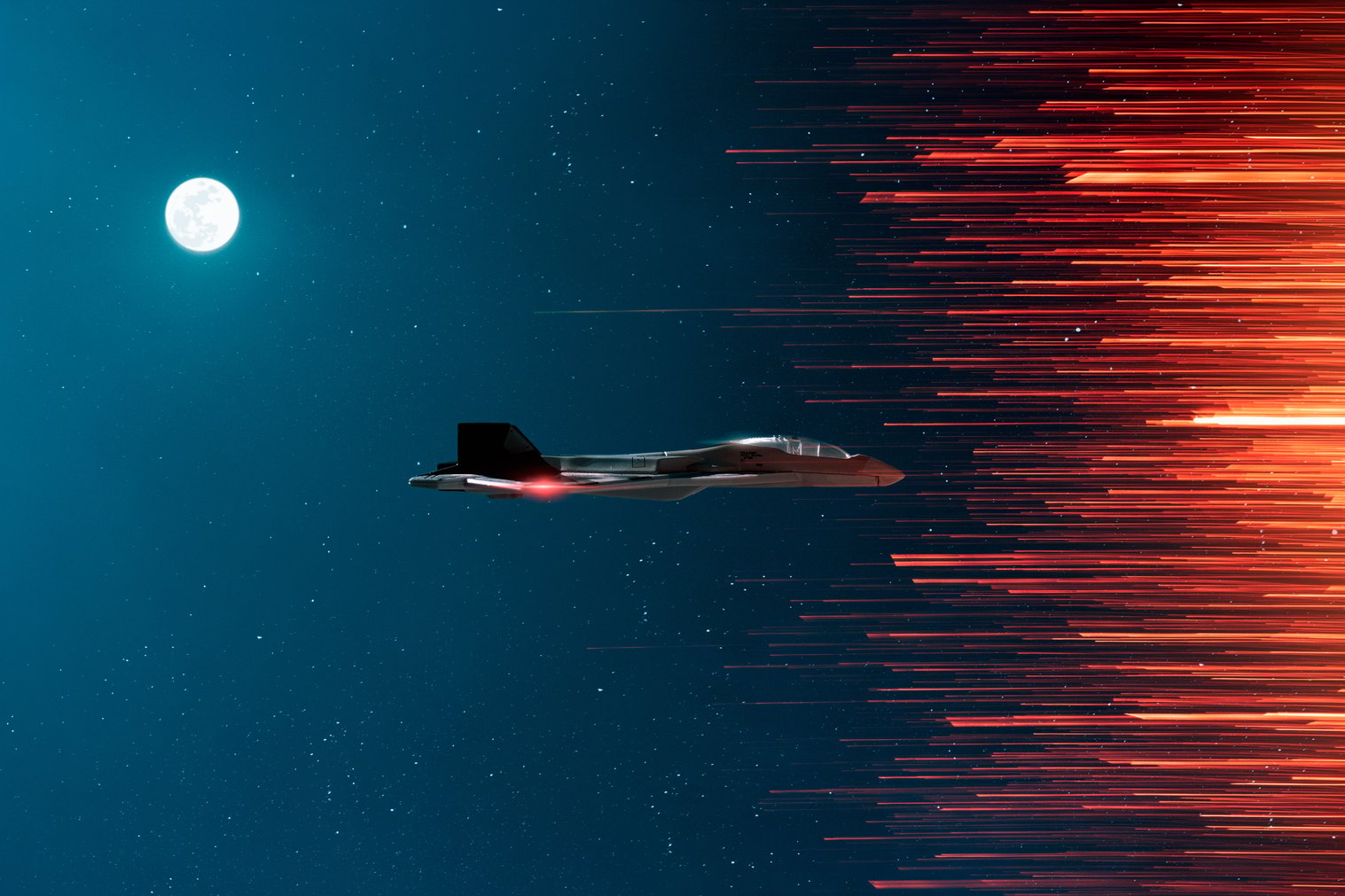 Futuristic spaceship flying through the sky from night-time blue on the left to streaks of red lines on the right.