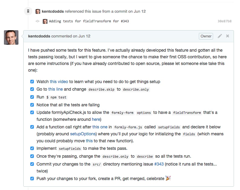 screenshot of the issue comment