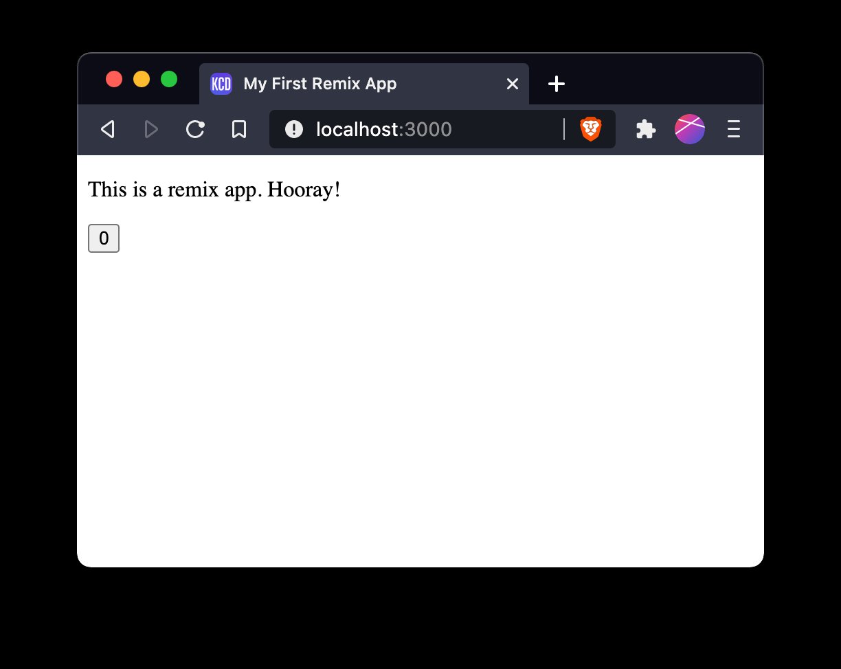 Browser window with the text "This is a remix app. Hooray!"" And a button with the number 0 in it