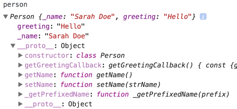 A Person instance with methods on proto