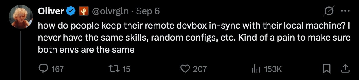 Oliver on X: how do people keep their remote devbox in-sync with their local machine?