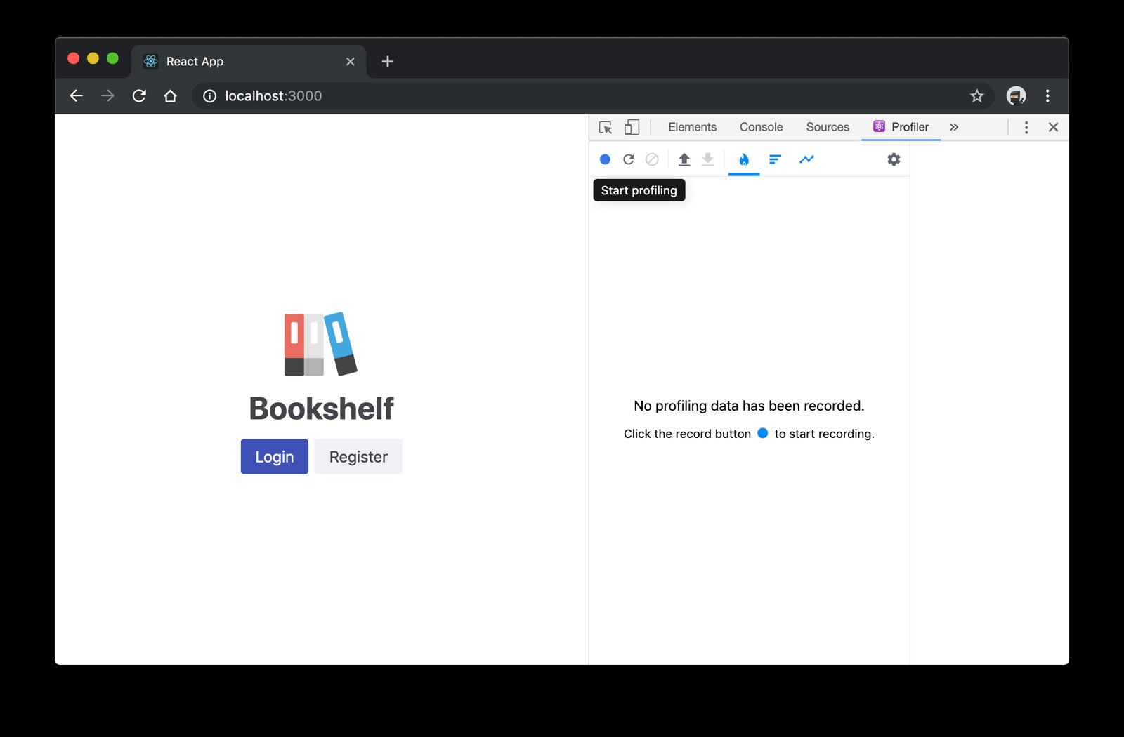 bookshelf app with React DevTools Profile tab open and blue "Start profile" button highlighted
