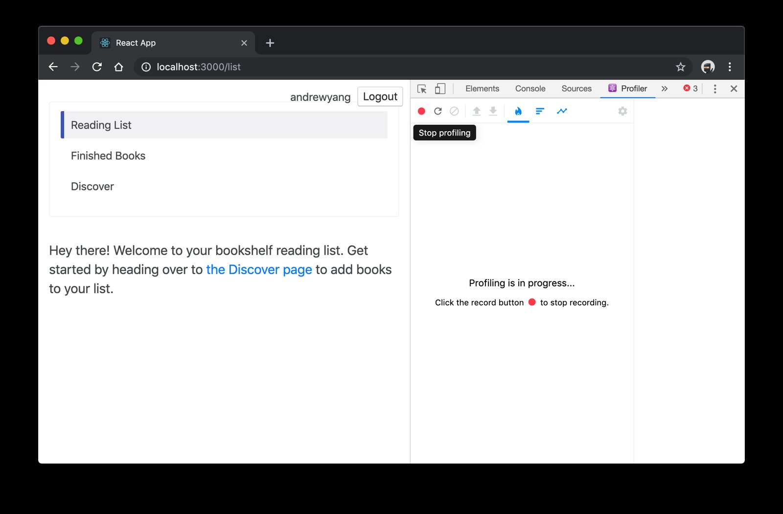 bookshelf app with React DevTools Profile tab open and red "Stop profile" button highlighted