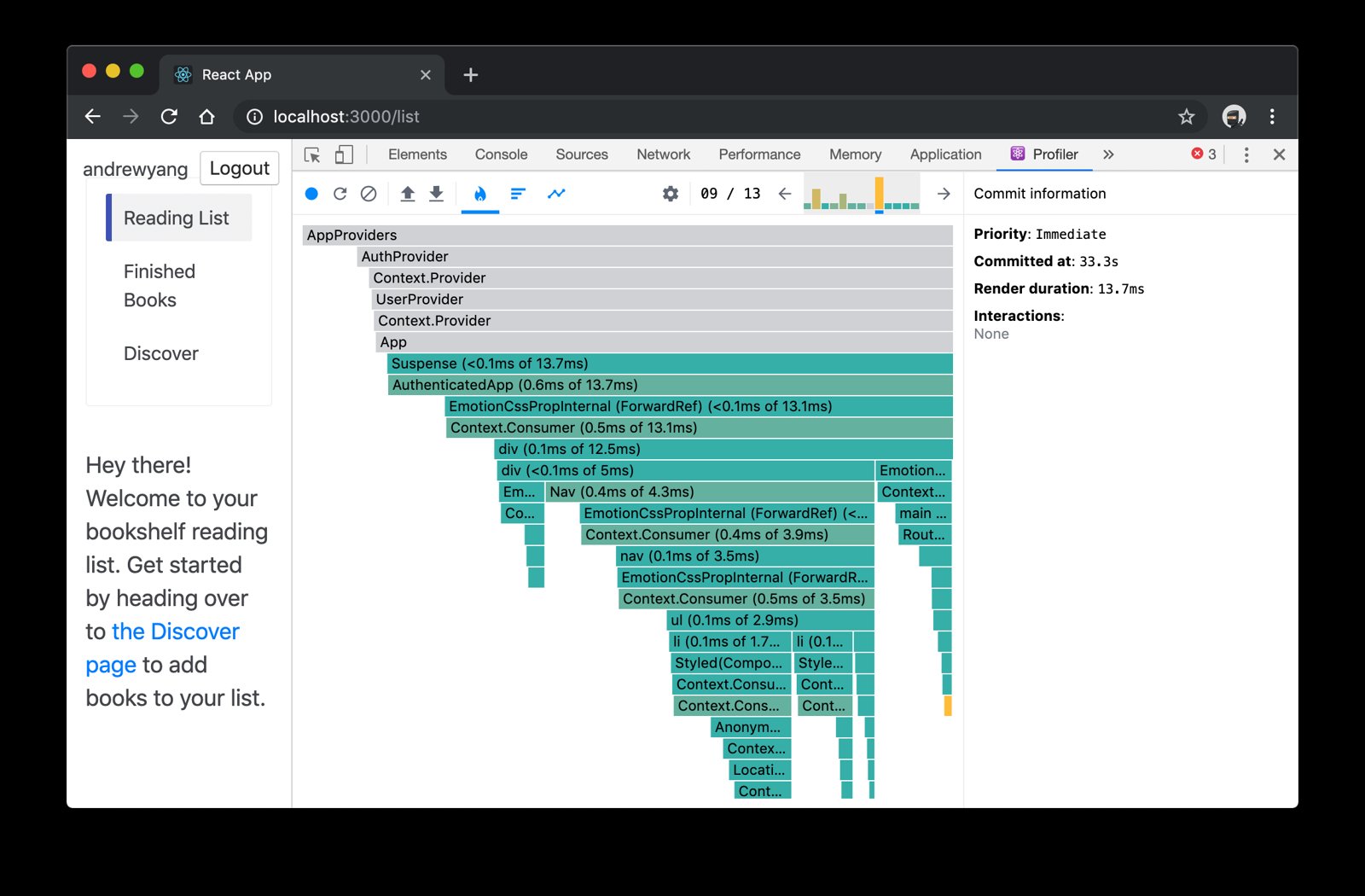 bookshelf app with React DevTools Profile tab showing a flamegraph