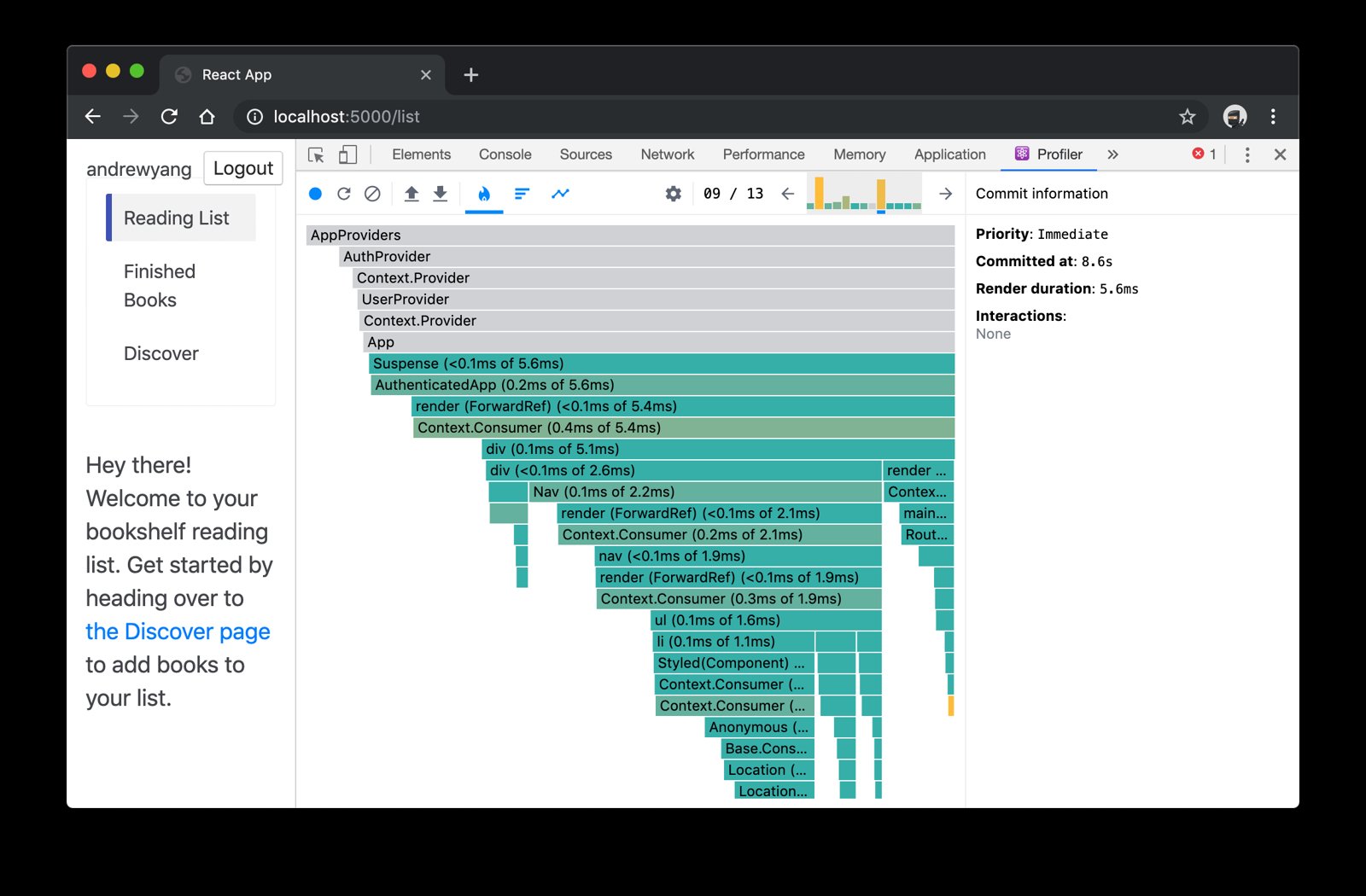 React DevTools Profile tab showing flamegraph