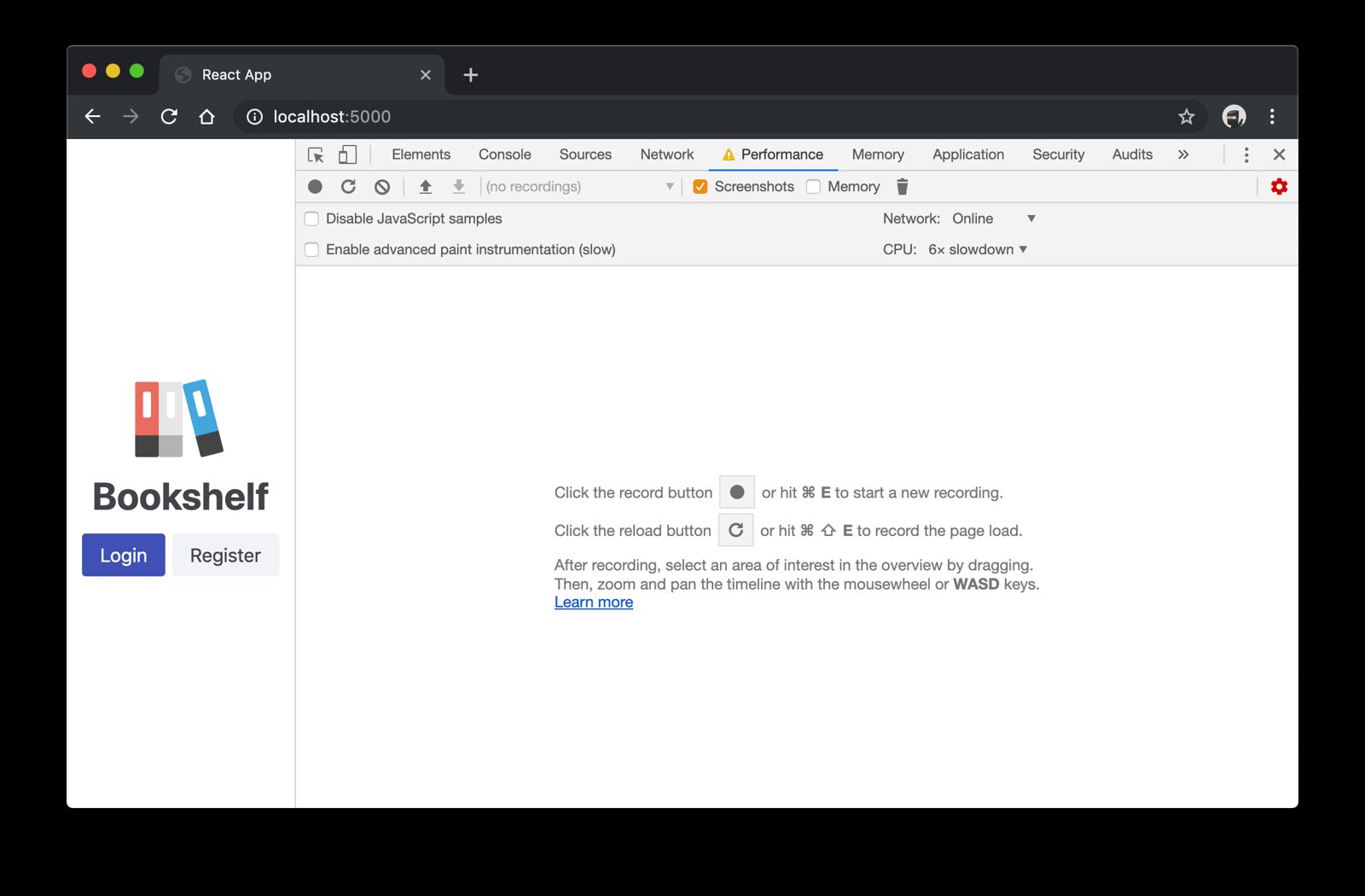 Chrome DevTools Performance tab showing CPU 6x slowdown selected