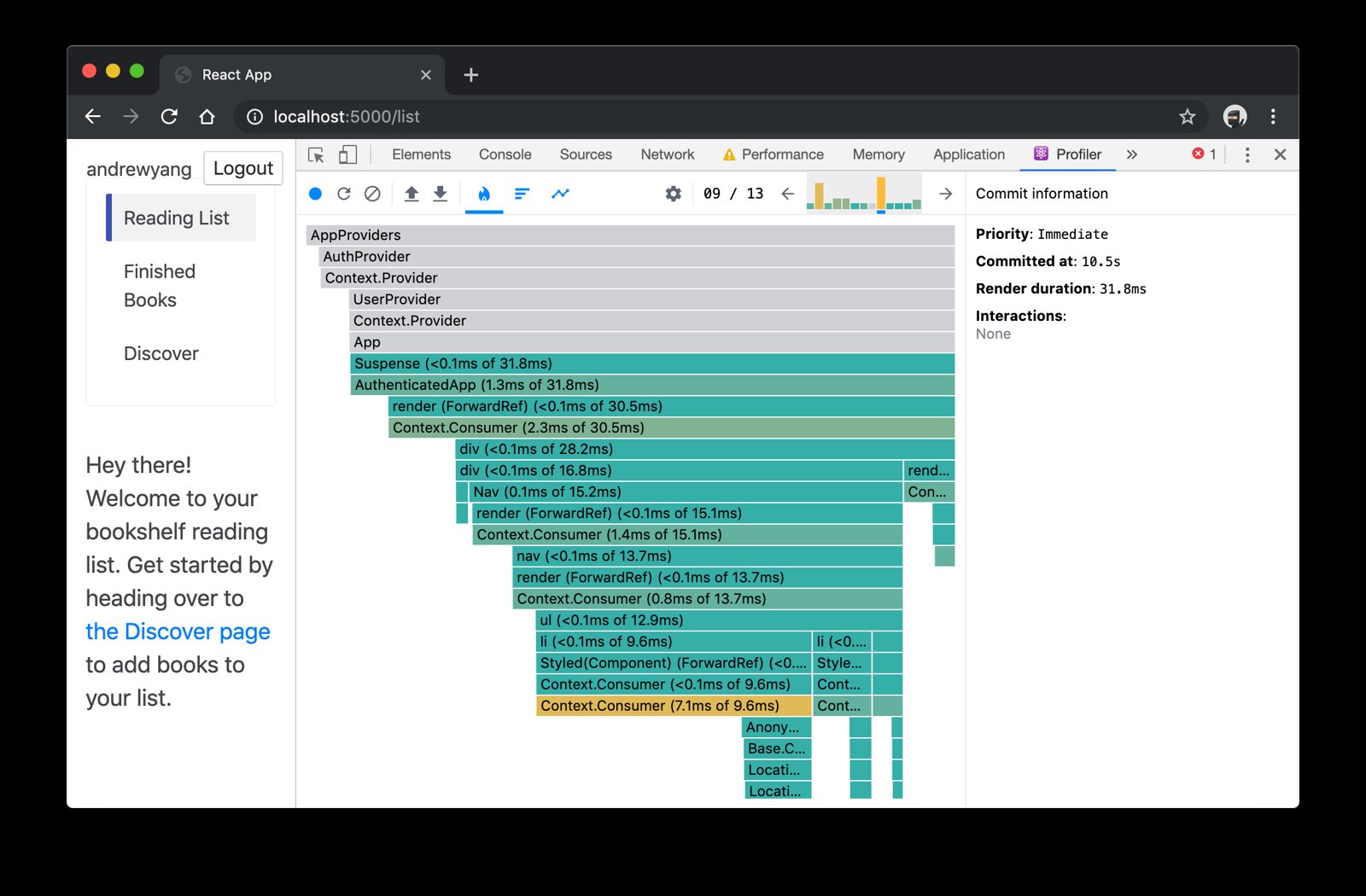 React DevTools Profile tab showing flamegraph