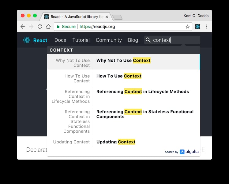 search result of context on the official react documentation site