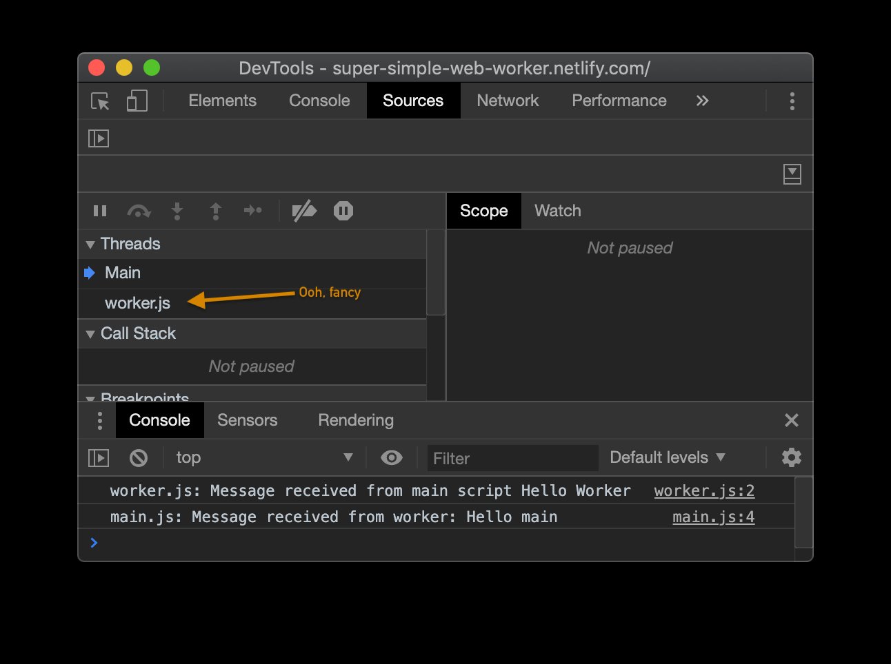 Chrome DevTools Sources tab showing a thread titled worker.js