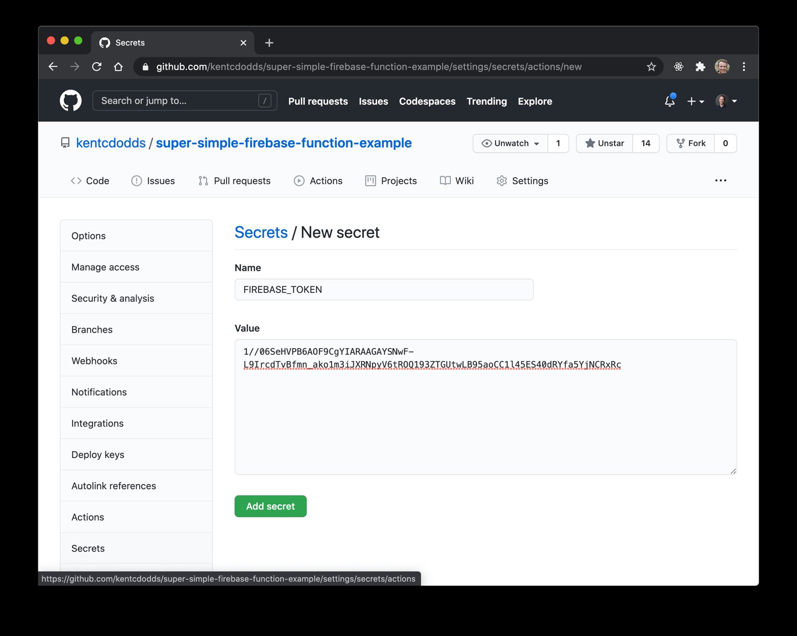 GitHub secrets UI adding the firebase token