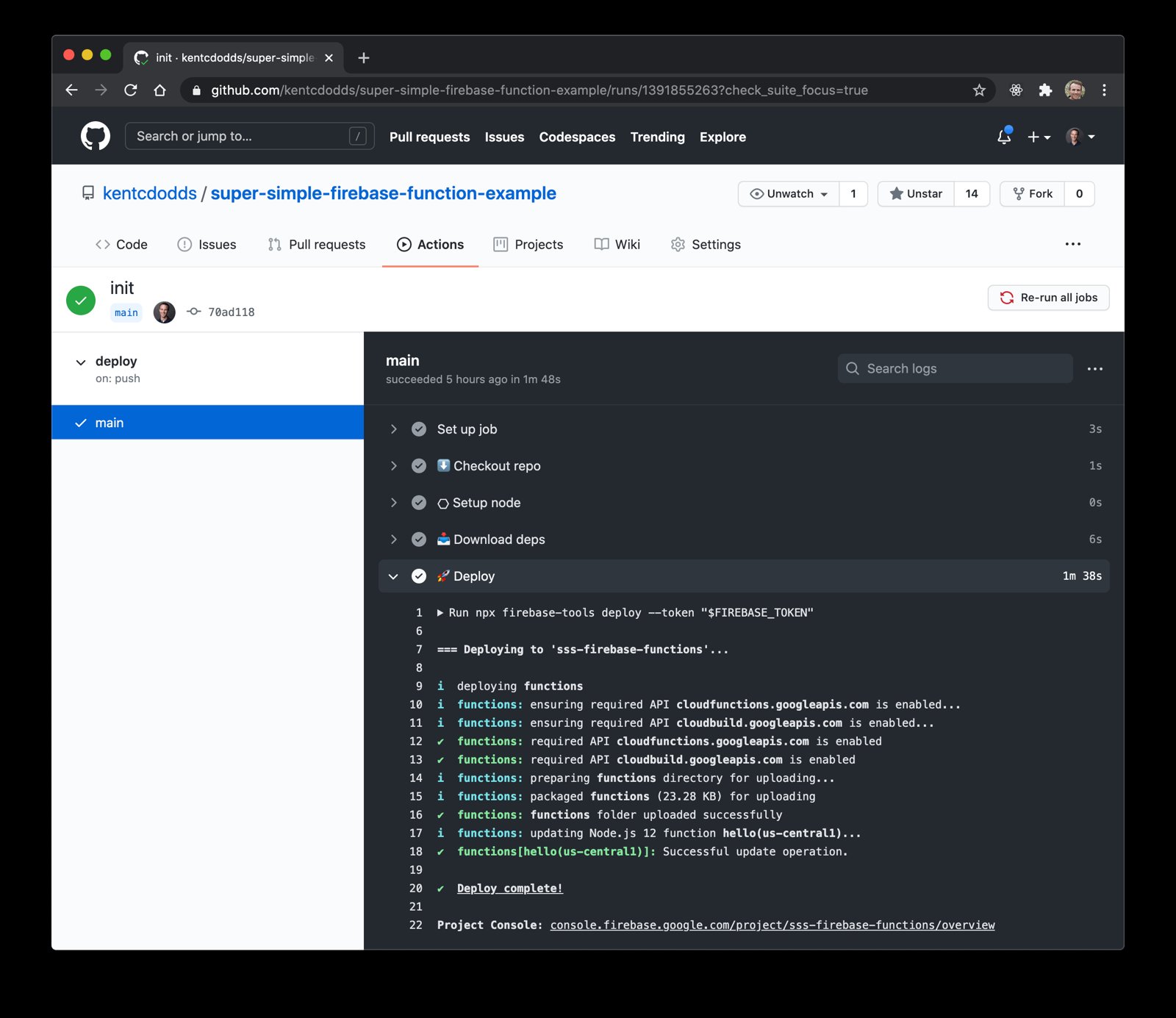Action output showing the deploy