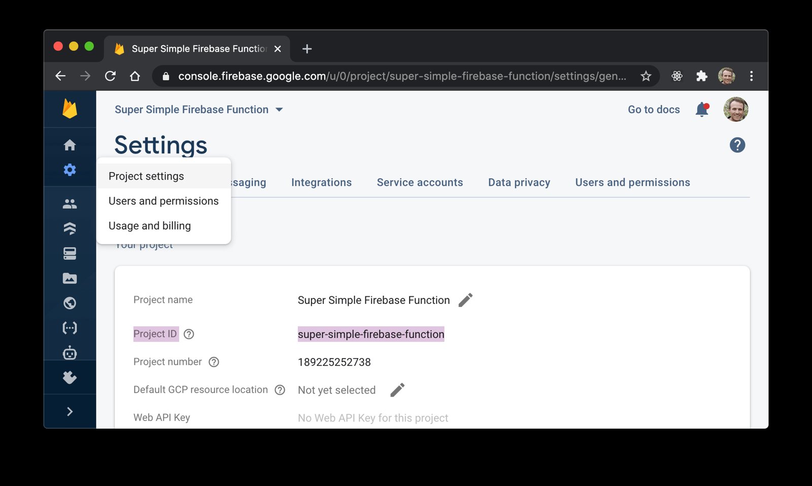 Firebase console showing the setting page with the Project ID