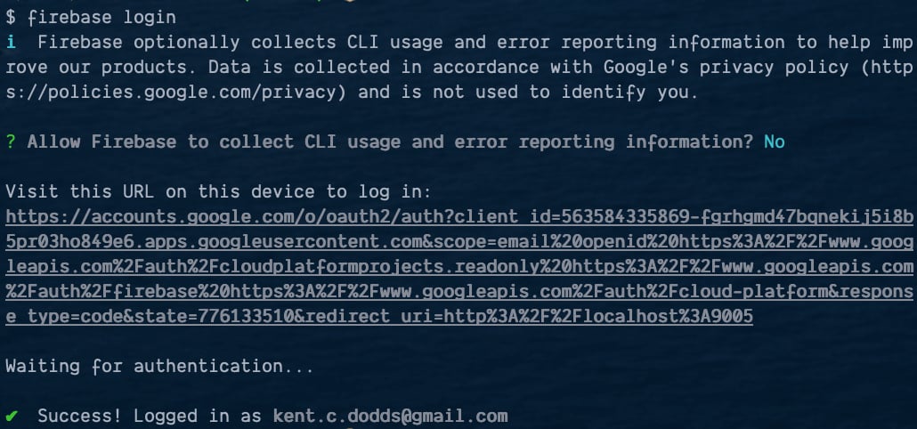 Terminal output from the firebase login command