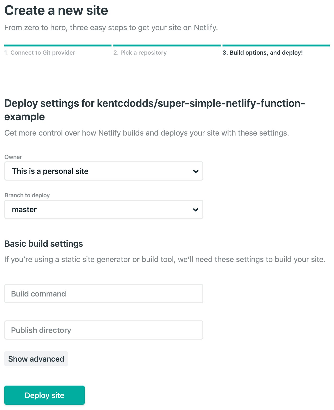 Create New Site page