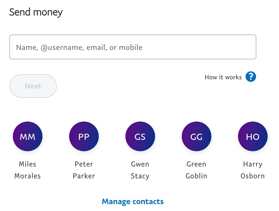 PayPal page with contacts