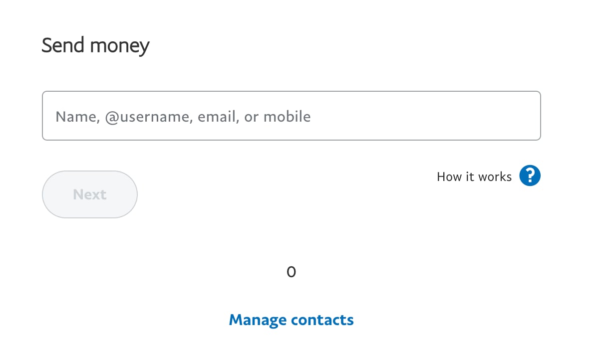 PayPal page with 0 instead of contacts