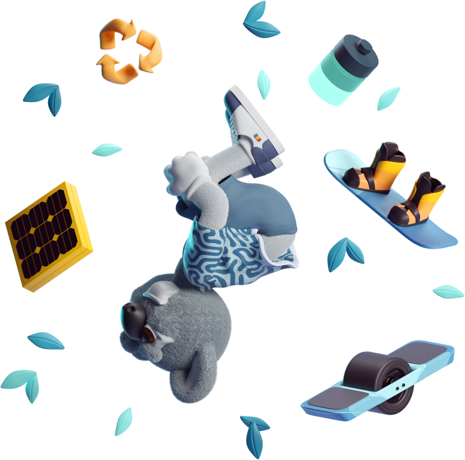 Illustration of Kody the Koala back flipping surrounded by green leaves, a battery, a onewheel, a snowboard, a solar panel, and a recycle logo.