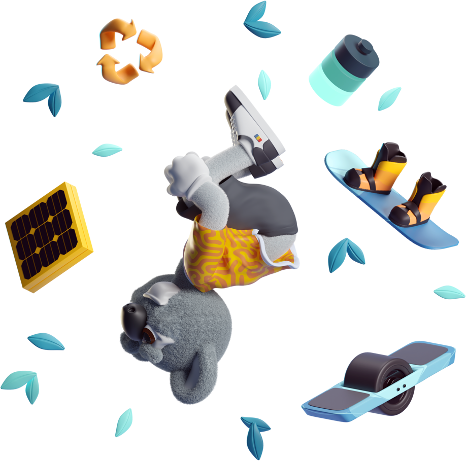Illustration of Kody the Koala back flipping surrounded by green leaves, a battery, a onewheel, a snowboard, a solar panel, and a recycle logo.