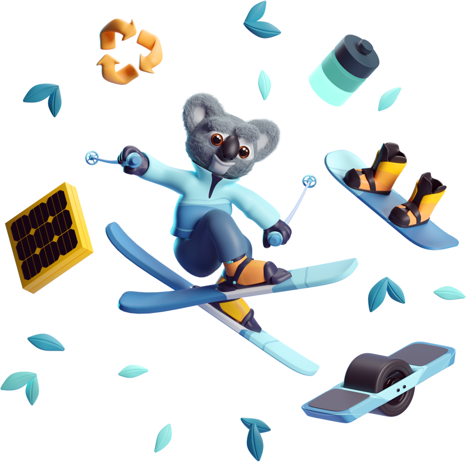 Illustration of Kody the Koala skiing surrounded by green leaves, a battery, two skies, a one-wheel, a solar panel, and a recycle logo.