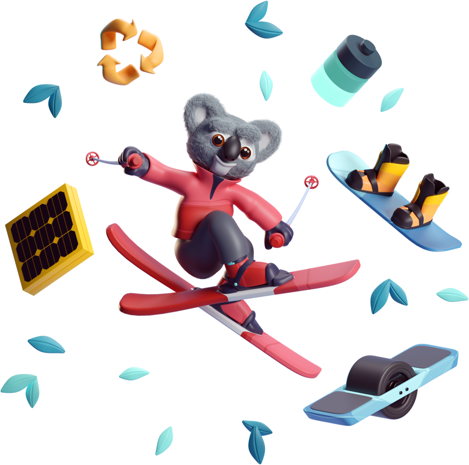 Illustration of Kody the Koala skiing surrounded by green leaves, a battery, two skies, a one-wheel, a solar panel, and a recycle logo.