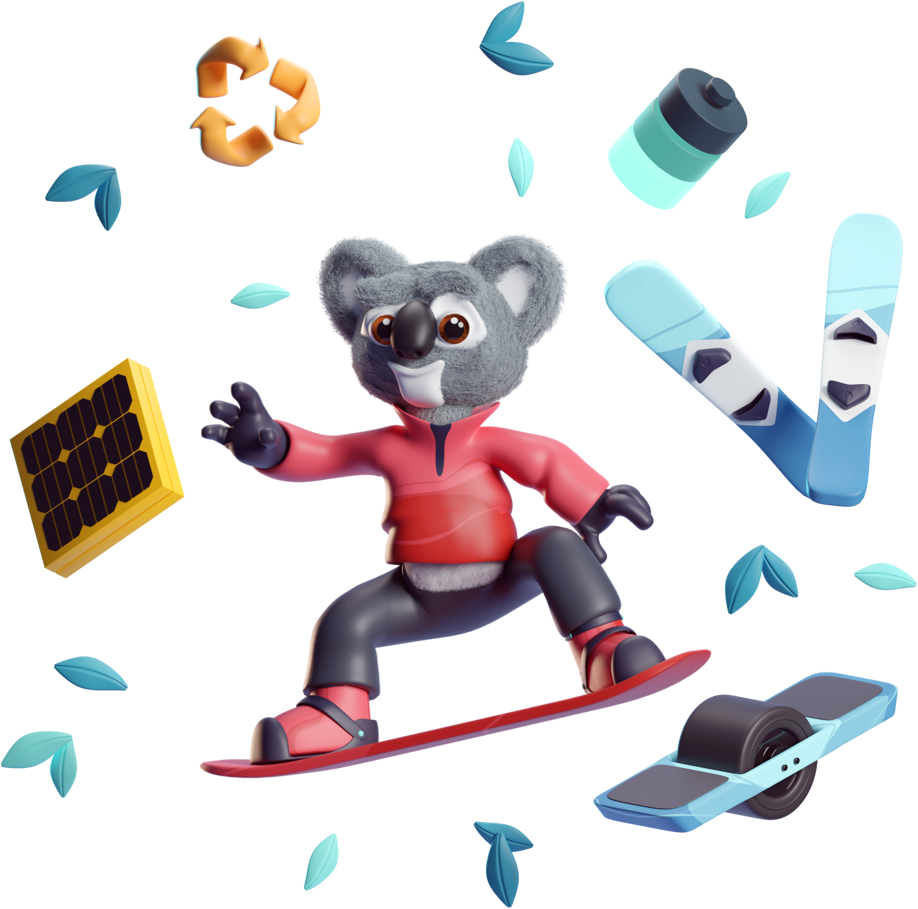 Illustration of Kody the Koala standing on a snowboard surrounded by green leaves, a battery, two skies, a one-wheel, a solar panel, and a recycle logo.