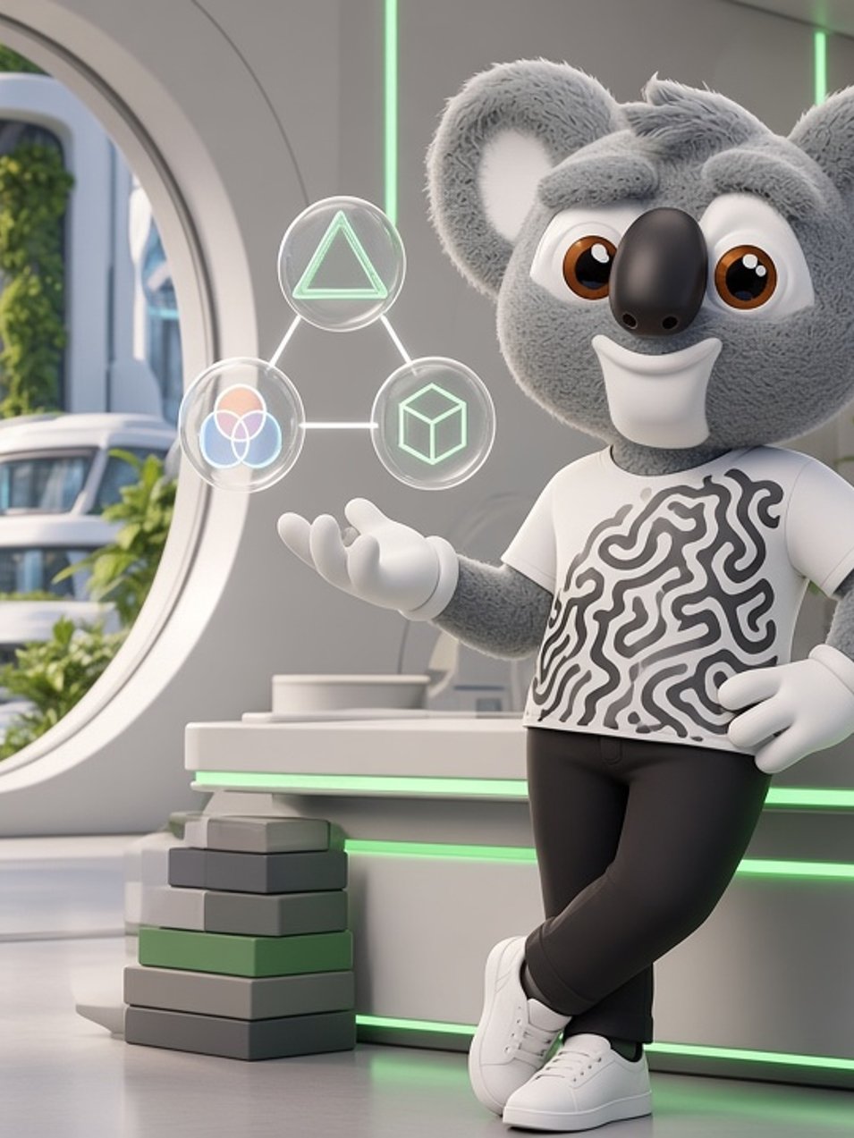 Kody the koala in a bright personal software factory, presenting floating integration icons at a workstation